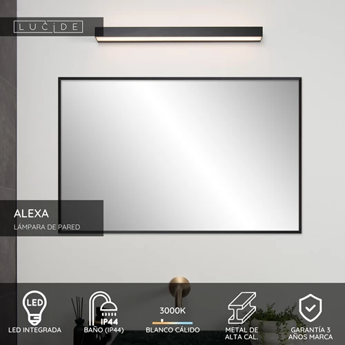 Lucide ALEXA - Lámpara de pared Baño - LED - 1x8W 3000K - IP44 - Negro - USP